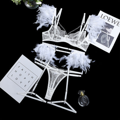 Feather Sexy Lingerie with Chain Lace Transparent Mesh Set for Women