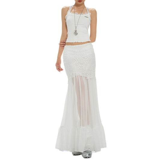 Women's White Skirt Semi-Transparent Sheer Skirt Summer Design Long Skirt A-line Skirt