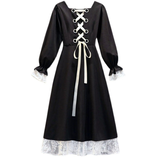 Women's Trendy Bowknot Waist Lace Bubble Sleeve Dress Gown Princess Dress