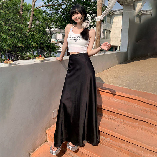 Women's Skirt Shiny Draped Fitted A-Line Midi Skirt Soft and Smooth Versatile High-Waisted Long Skirt