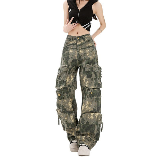 အမျိုးသမီး အကြီးစား Camouflage Multi-pocket Work Pants ချောင်ကျယ်-ခြေထောက် လမ်းပုံစံ