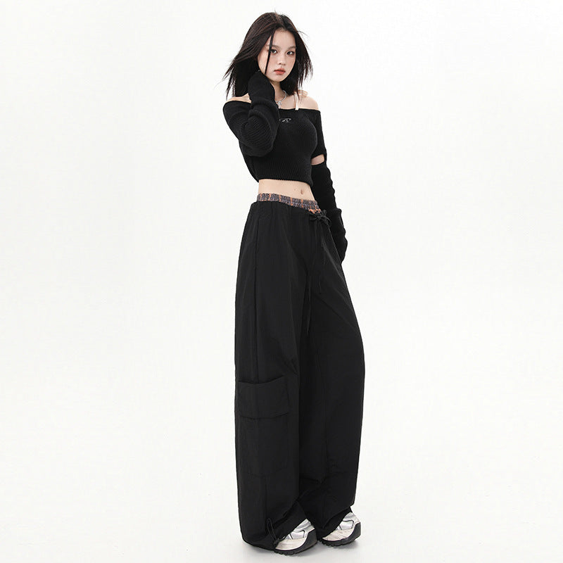 အမျိုးသမီးဘောင်းဘီ Plaid Splicing Trousers High Street Loose Wide-Leg Work Pants