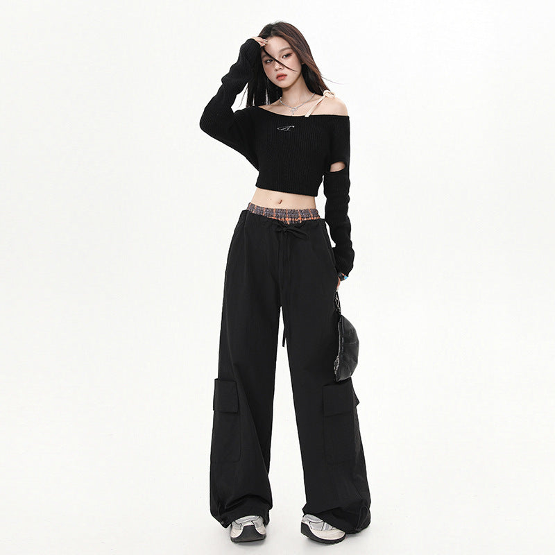 အမျိုးသမီးဘောင်းဘီ Plaid Splicing Trousers High Street Loose Wide-Leg Work Pants