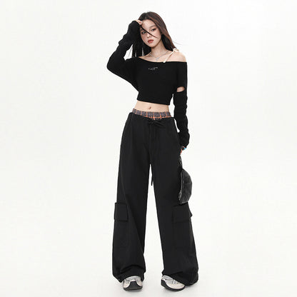 အမျိုးသမီးဘောင်းဘီ Plaid Splicing Trousers High Street Loose Wide-Leg Work Pants