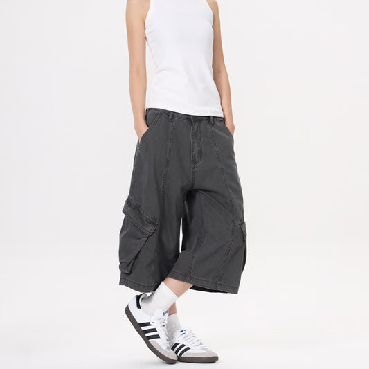 Women's  Washed Distressed Workwear 7/8 Pants Patchwork Wide Leg Jeans