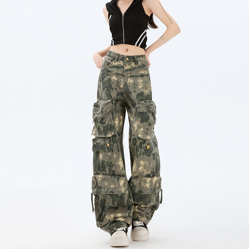 Strapazierfähige Camouflage-Arbeitshose mit mehreren Taschen für Damen, lockerer Streetstyle mit weitem Bein