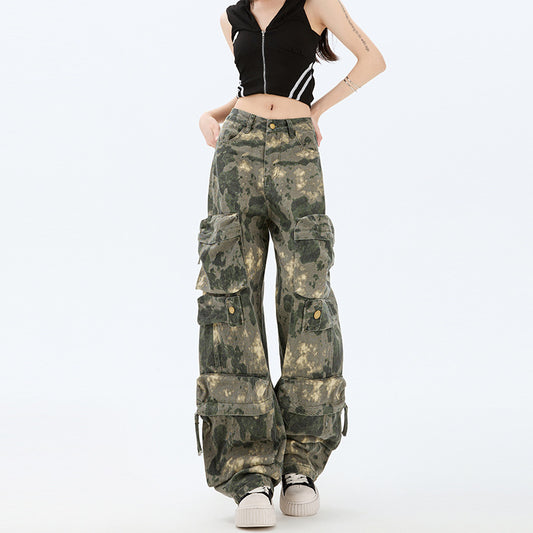 အမျိုးသမီး အကြီးစား Camouflage Multi-pocket Work Pants ချောင်ကျယ်-ခြေထောက် လမ်းပုံစံ