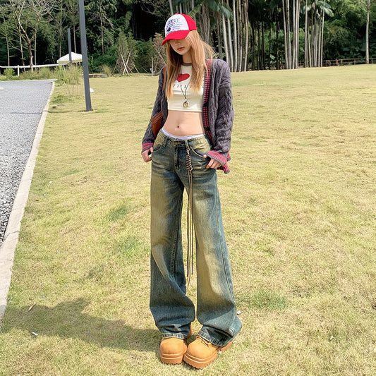 Women's Low-Waist Flared Denim Pants Loose Wide-Leg Straight Trousers