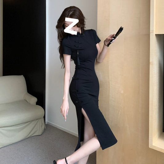 ခေတ်ဟောင်းခလုတ်မွမ်းမံထားသော Cheongsam ဂါဝန် အမျိုးသမီးတန်းမြင့် အနက်ရောင် ဂါဝန် ခါးကို လှီးဖြတ်ထားသော ခဲတံစကတ်