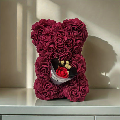 Preserved Rose Teddy Bear Floral Gift (Burgundy)-1